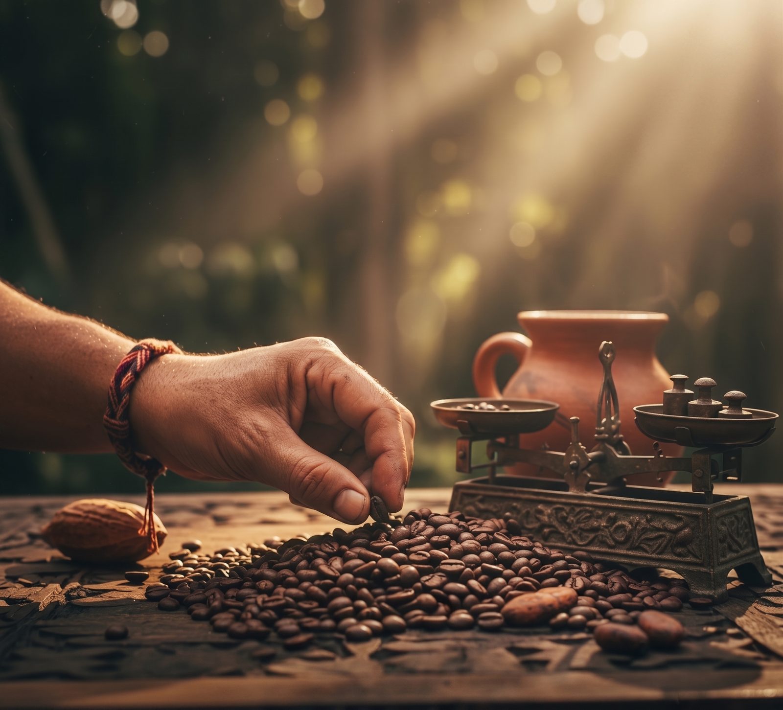 Detalle de café artesanal seleccionado a mano en una mesa de madera