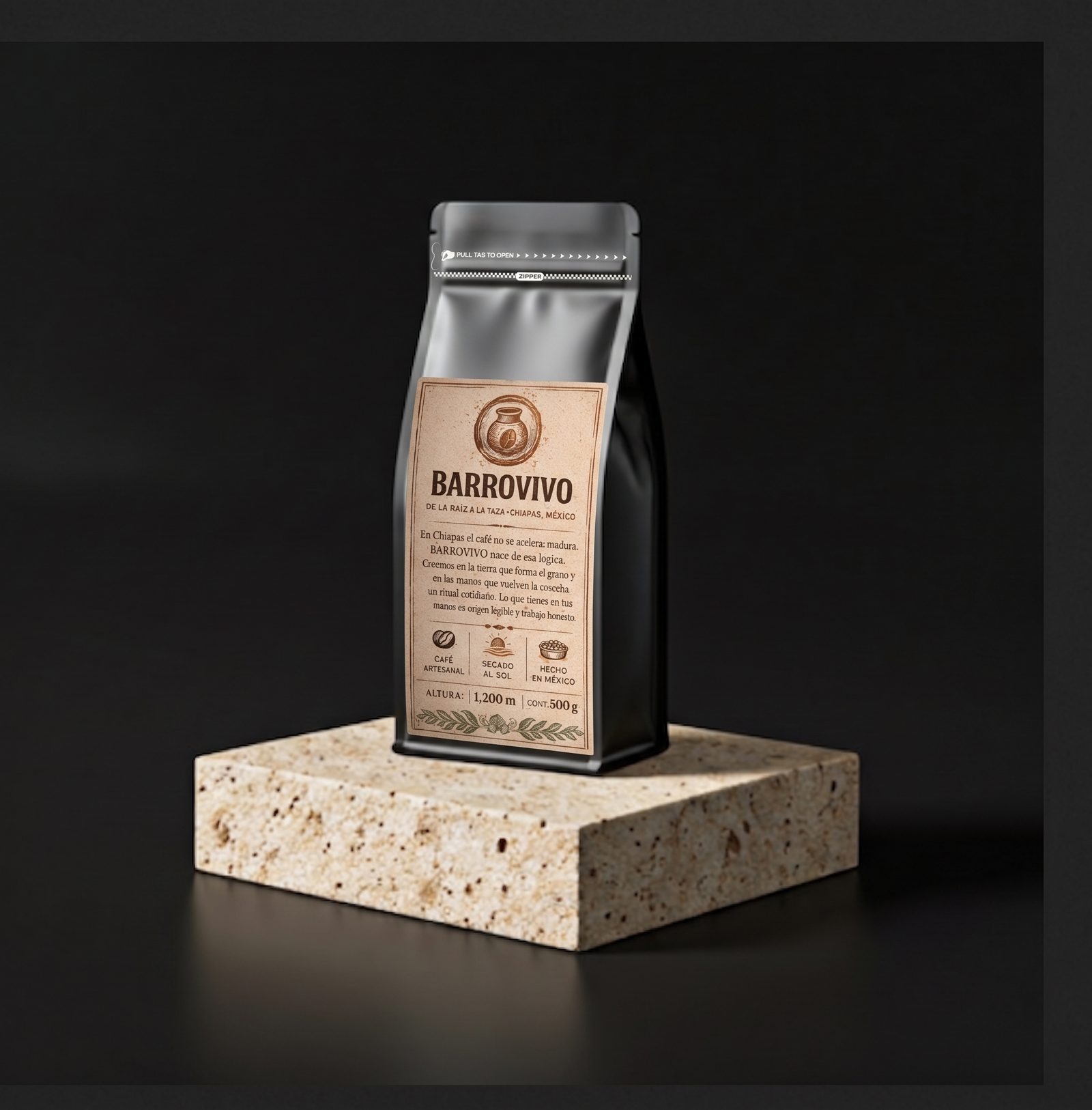 Bolsa negra de café BarroVivo 500g con etiqueta artesanal