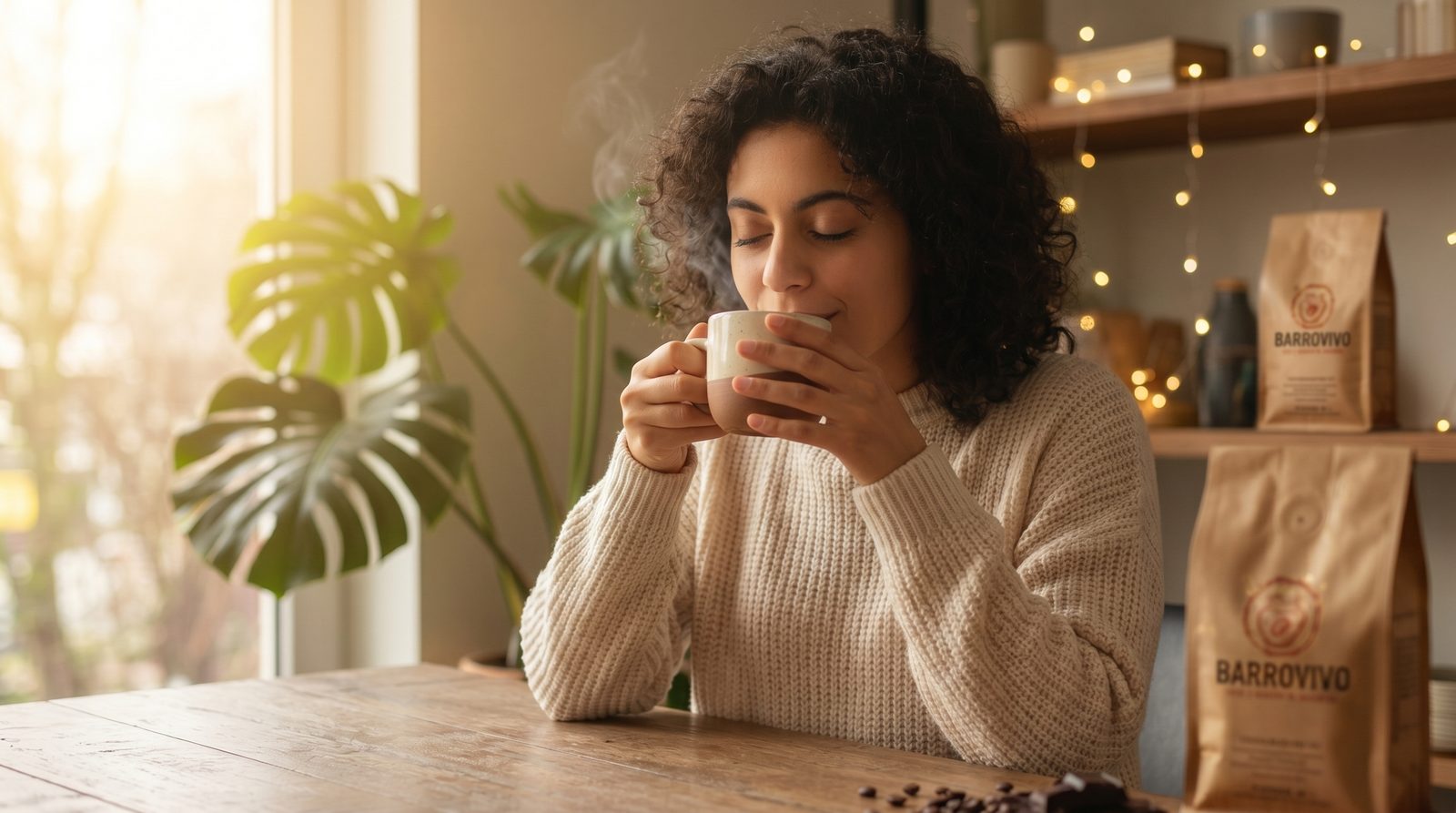 Persona tomando café BarroVivo en una mesa de madera con bolsas al fondo